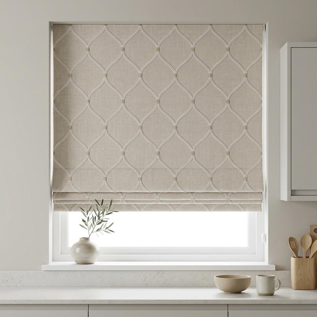 Custom Roman Shade, Natural Linen Blind, Ivory Embroidered Trellis Ogee, Blackout or Light Filtering Window Shade — image 2