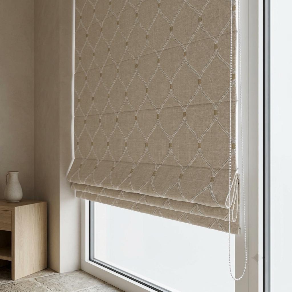 Custom Roman Shade, Natural Linen Blind, Ivory Embroidered Trellis Ogee, Blackout or Light Filtering Window Shade — image 6