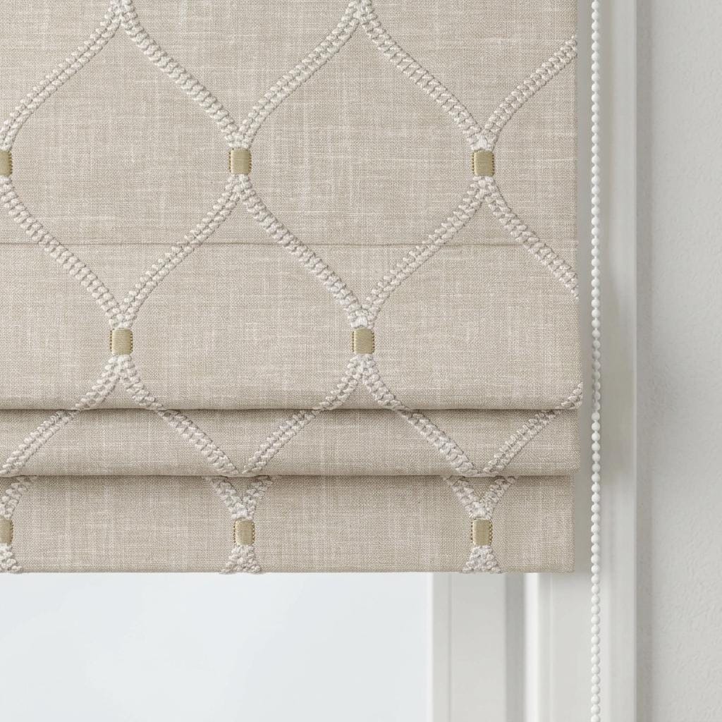 Custom Roman Shade, Natural Linen Blind, Ivory Embroidered Trellis Ogee, Blackout or Light Filtering Window Shade — image 7