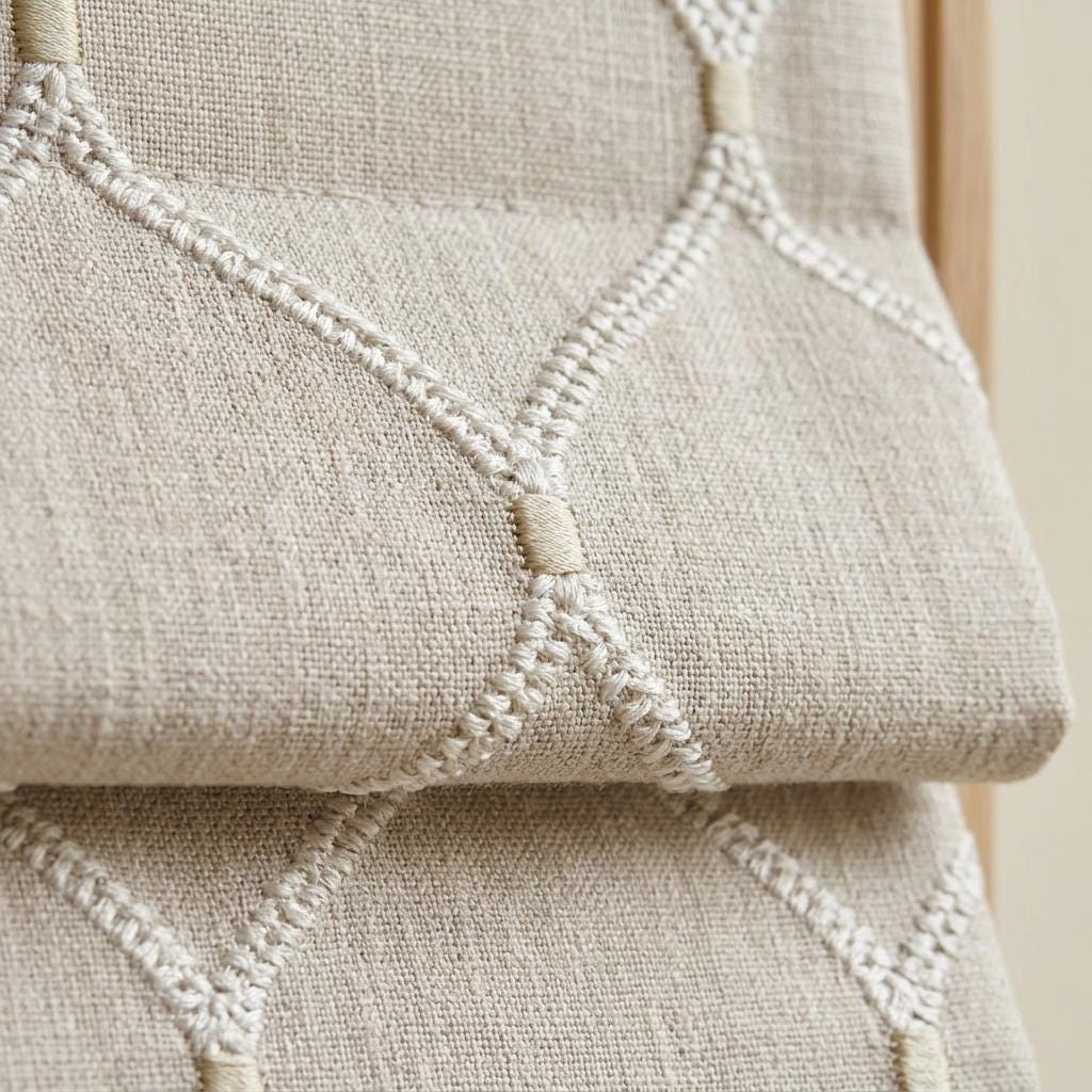 Custom Roman Shade, Natural Linen Blind, Ivory Embroidered Trellis Ogee, Blackout or Light Filtering Window Shade — image 4