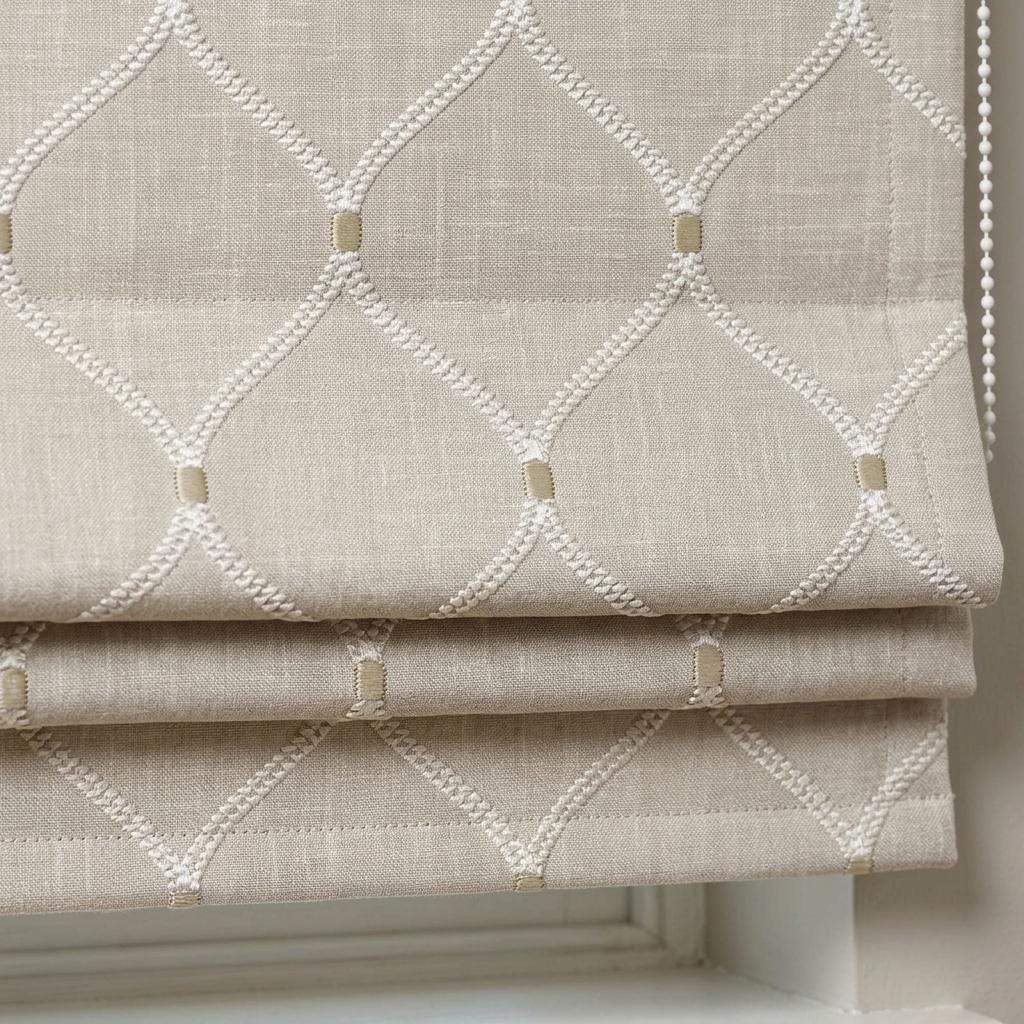 Custom Roman Shade, Natural Linen Blind, Ivory Embroidered Trellis Ogee, Blackout or Light Filtering Window Shade — image 1