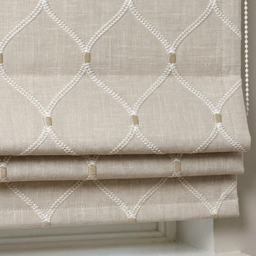 Custom Roman Shade, Natural Linen Blind, Ivory Embroidered Trellis Ogee, Blackout or Light Filtering Window Shade — image 1