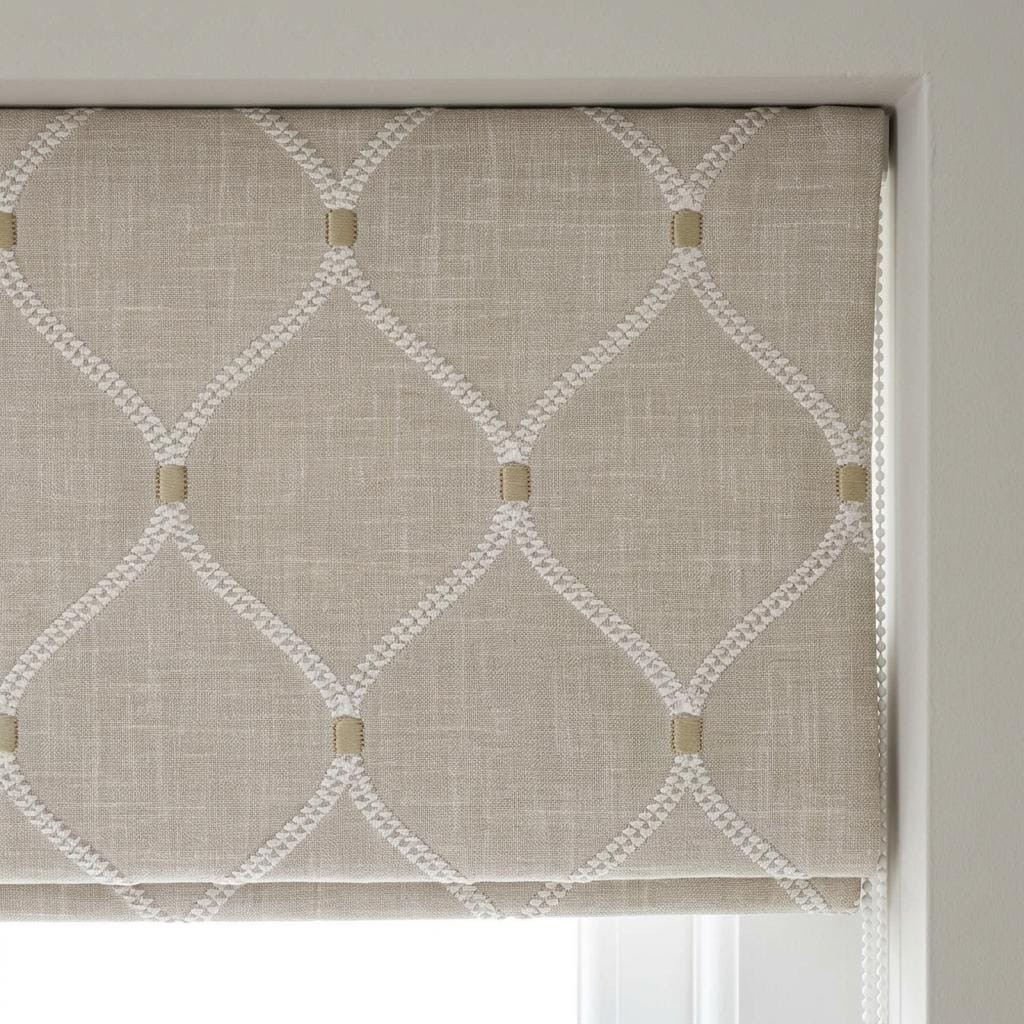 Custom Roman Shade, Natural Linen Blind, Ivory Embroidered Trellis Ogee, Blackout or Light Filtering Window Shade — image 5