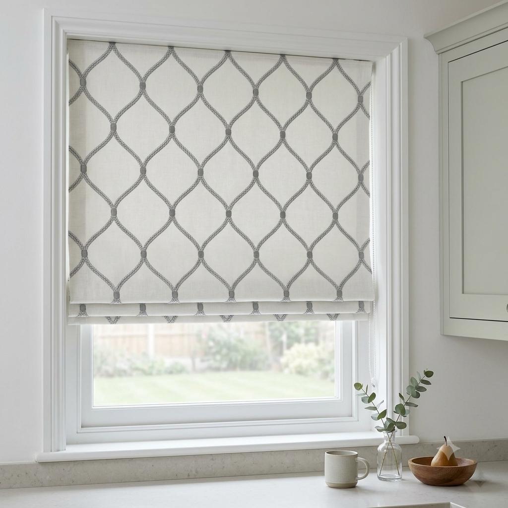 Custom White Linen Roman Shade, Pale Blue Gray Ogee Trellis Embroidered Blind, Corded Blackout or Organic Cotton Lined — image 4