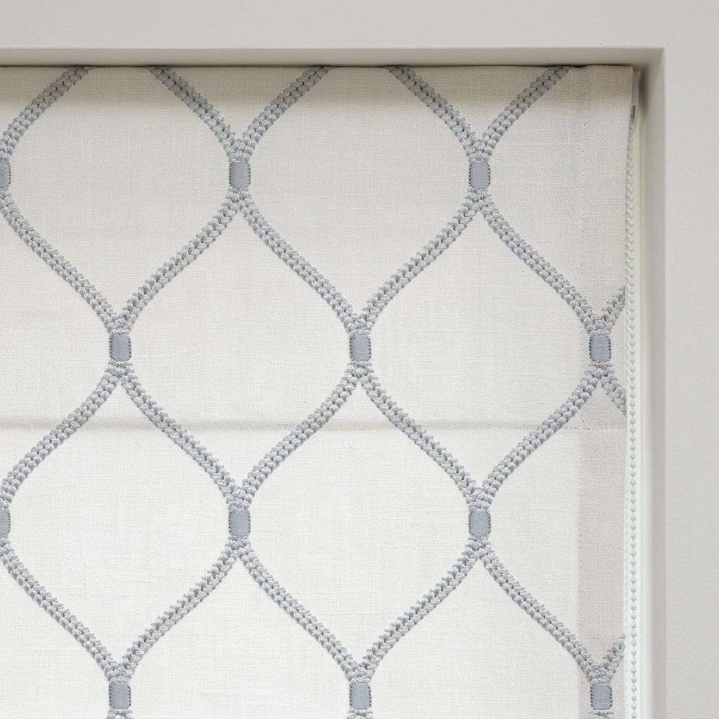 Custom White Linen Roman Shade, Pale Blue Gray Ogee Trellis Embroidered Blind, Corded Blackout or Organic Cotton Lined — image 8
