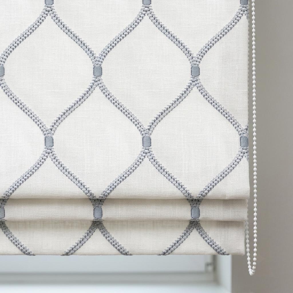 Custom White Linen Roman Shade, Pale Blue Gray Ogee Trellis Embroidered Blind, Corded Blackout or Organic Cotton Lined — image 7