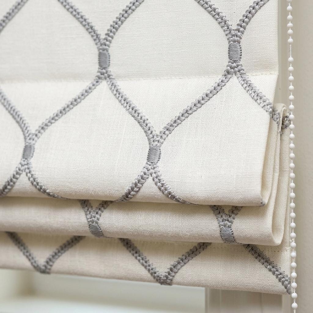 Custom White Linen Roman Shade, Pale Blue Gray Ogee Trellis Embroidered Blind, Corded Blackout or Organic Cotton Lined — image 3