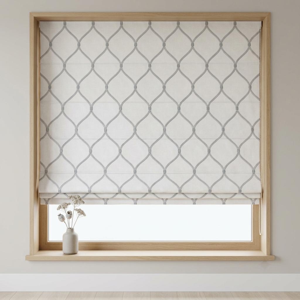 Custom White Linen Roman Shade, Pale Blue Gray Ogee Trellis Embroidered Blind, Corded Blackout or Organic Cotton Lined — image 2