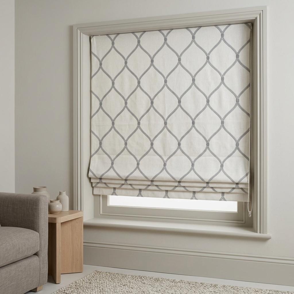 Custom White Linen Roman Shade, Pale Blue Gray Ogee Trellis Embroidered Blind, Corded Blackout or Organic Cotton Lined — image 6
