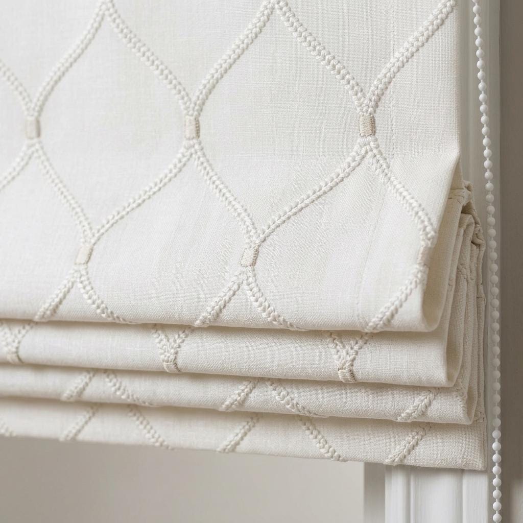 Custom Roman Shade, Ivory Linen Blind, Ivory Embroidered Ogee Trellis, Blackout or Light Filtering Window Shade — image 1