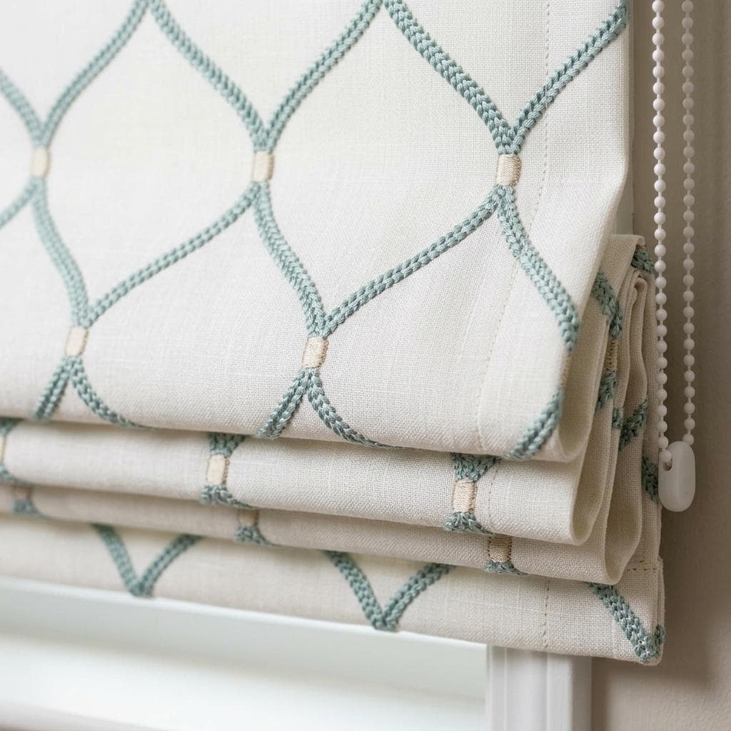 White Linen Roman Shade, Aqua Diamond Trellis Embroidered Custom Blind, Blackout or Light Filtering Window Shade — image 3