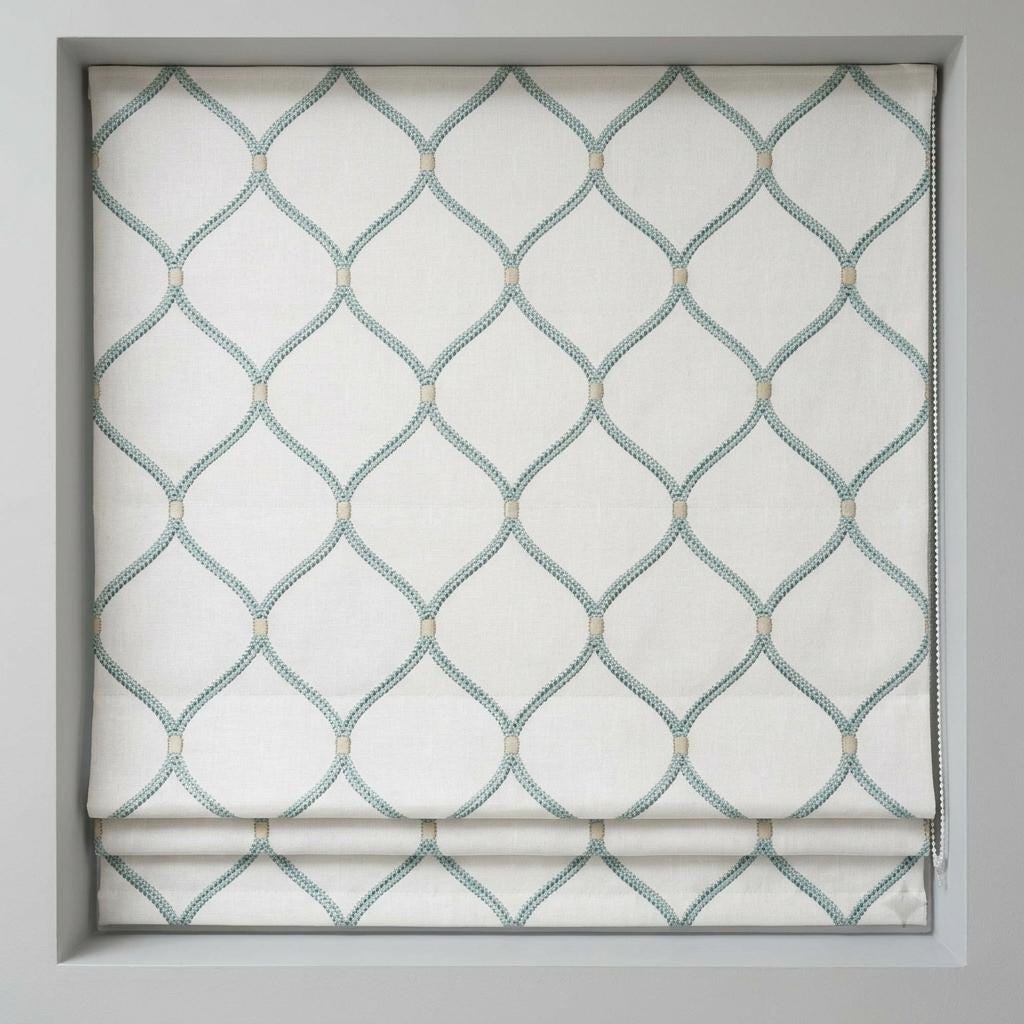 White Linen Roman Shade, Aqua Diamond Trellis Embroidered Custom Blind, Blackout or Light Filtering Window Shade — image 6