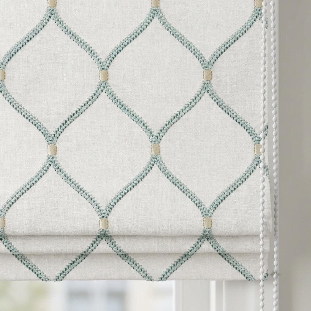 White Linen Roman Shade, Aqua Diamond Trellis Embroidered Custom Blind, Blackout or Light Filtering Window Shade — image 1