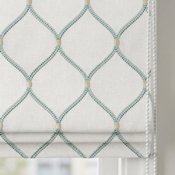 White Linen Roman Shade, Aqua Diamond Trellis Embroidered Custom Blind, Blackout or Light Filtering Window Shade — image 1
