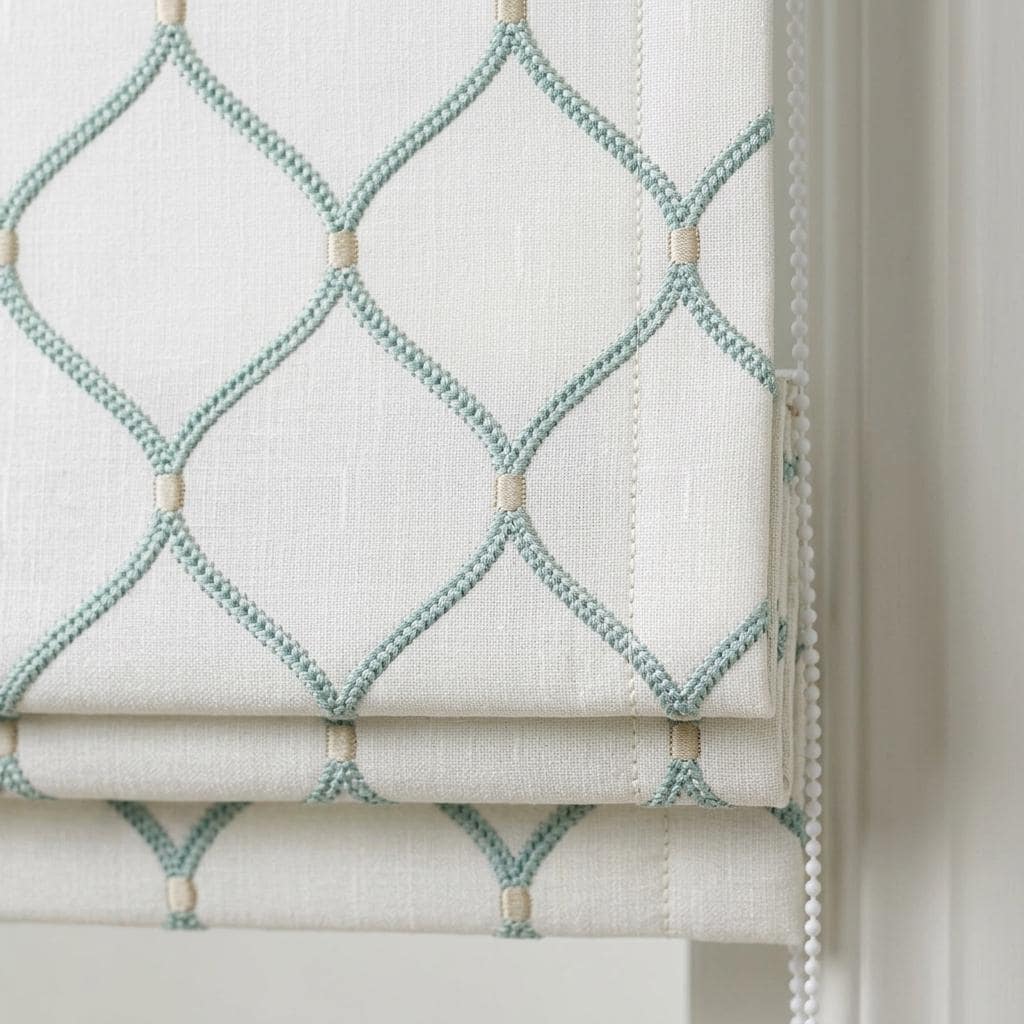 White Linen Roman Shade, Aqua Diamond Trellis Embroidered Custom Blind, Blackout or Light Filtering Window Shade — image 7