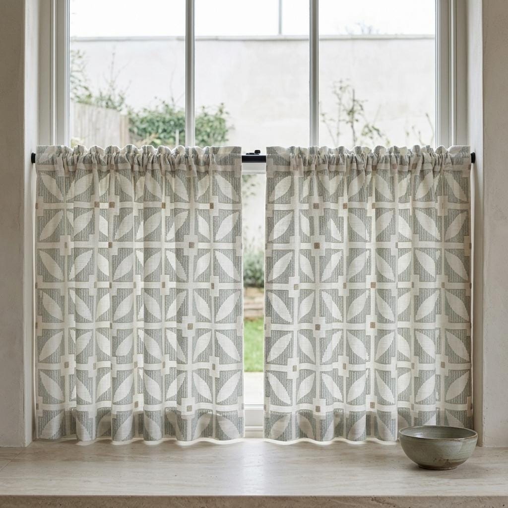 Ivory Pure Linen Curtains, Teal Beige Geometric Embroidered Drapes, Custom Blackout Mid Century Panels — image 6
