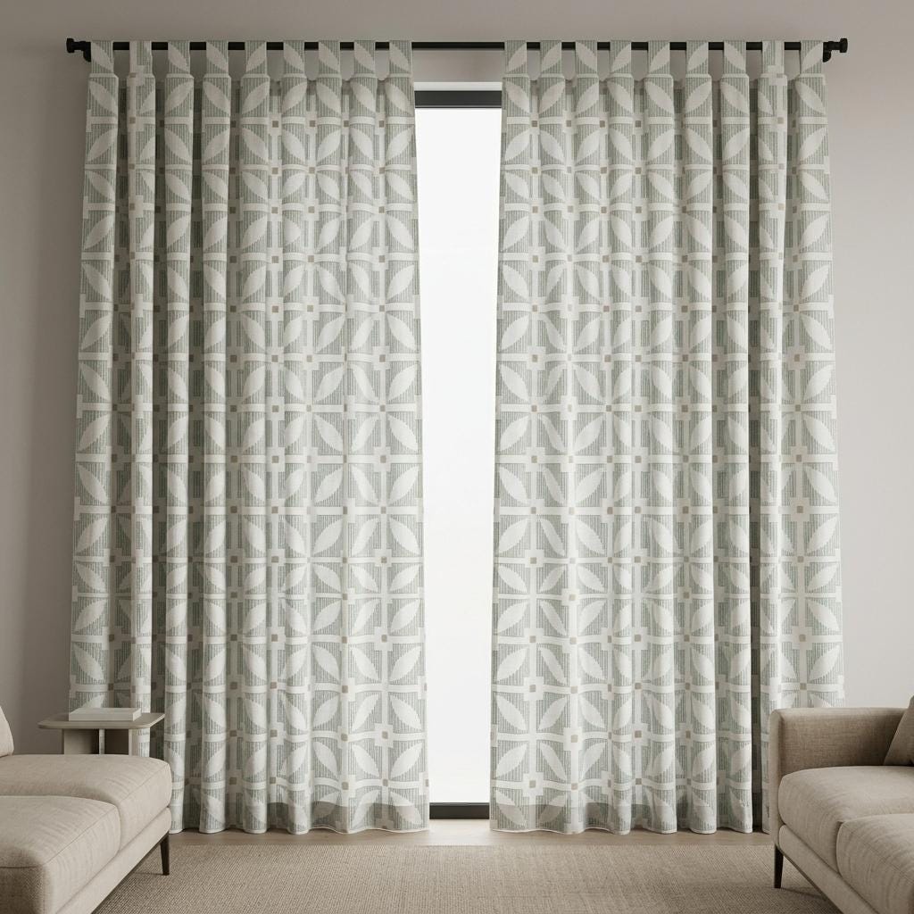 Ivory Pure Linen Curtains, Teal Beige Geometric Embroidered Drapes, Custom Blackout Mid Century Panels — image 3