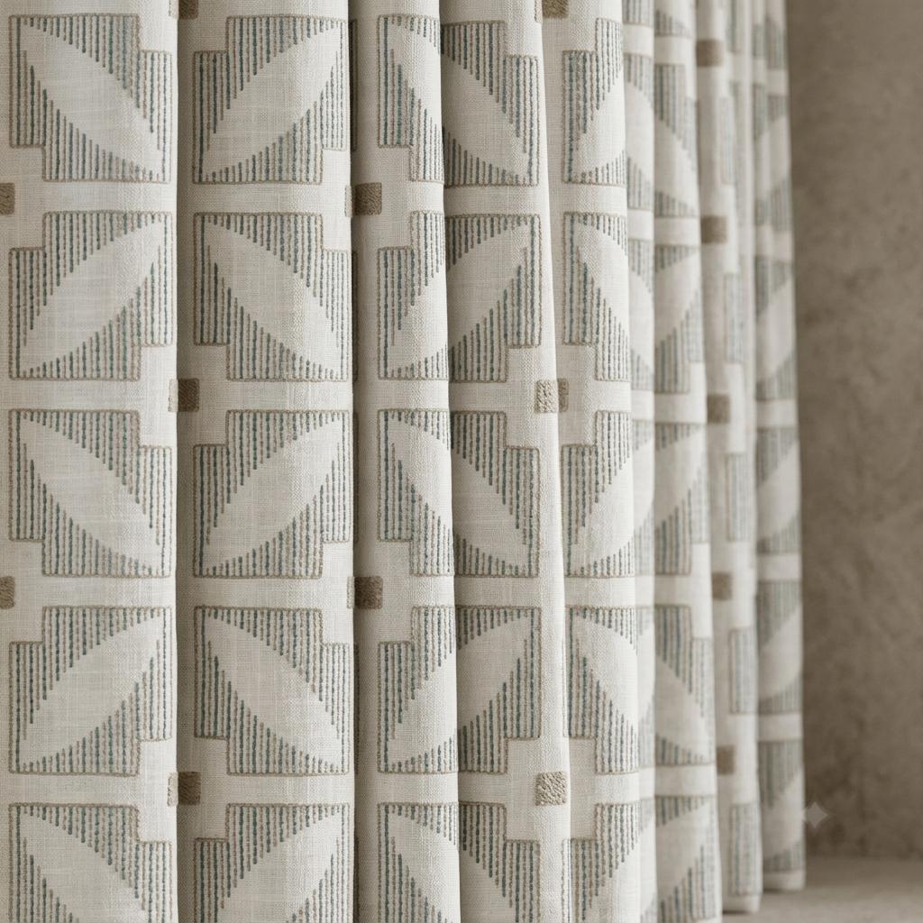 Ivory Pure Linen Curtains, Teal Beige Geometric Embroidered Drapes, Custom Blackout Mid Century Panels — image 7
