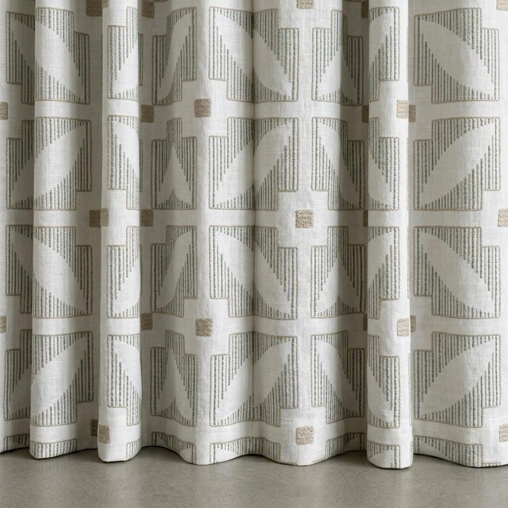 Ivory Pure Linen Curtains, Teal Beige Geometric Embroidered Drapes, Custom Blackout Mid Century Panels — image 5