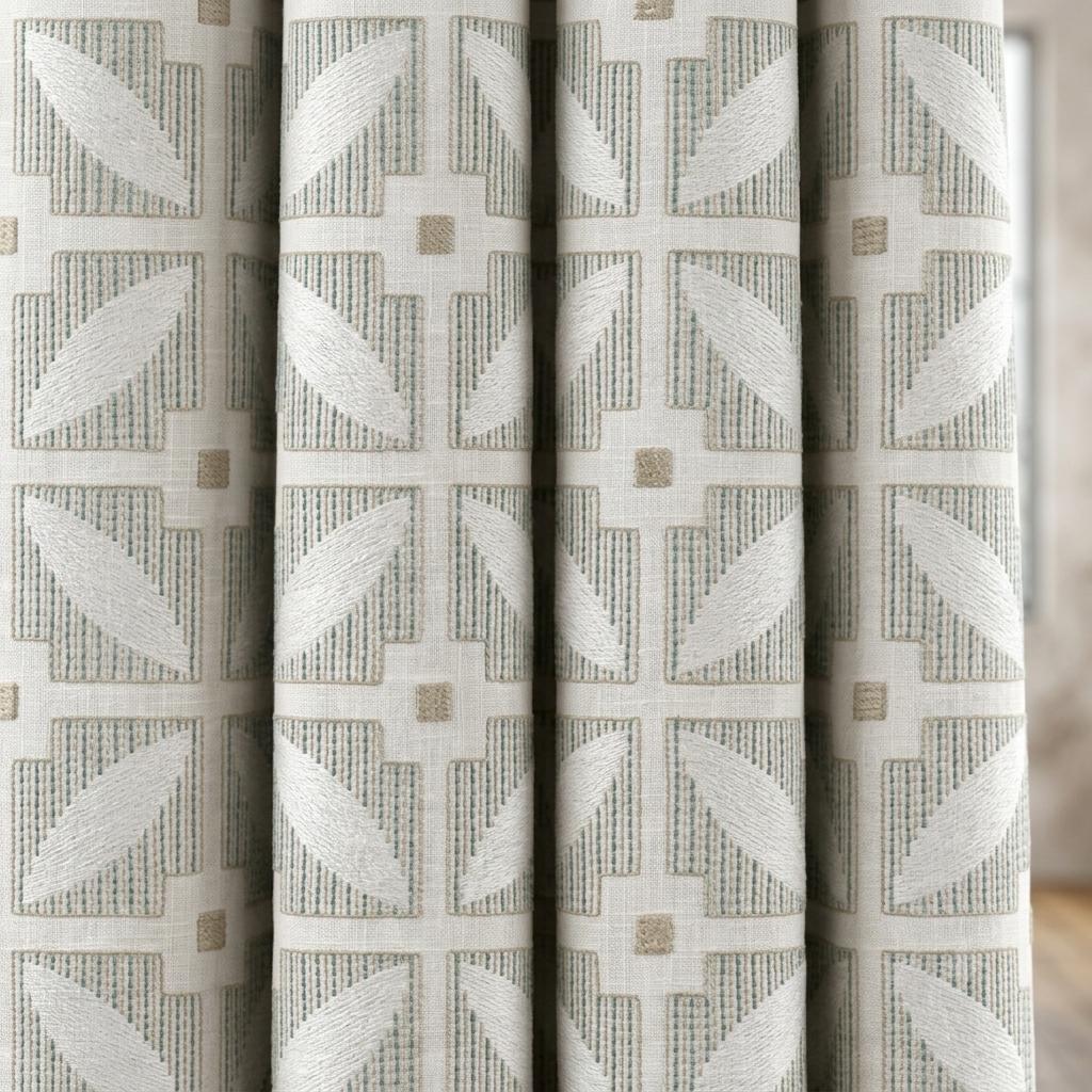 Ivory Pure Linen Curtains, Teal Beige Geometric Embroidered Drapes, Custom Blackout Mid Century Panels — image 4