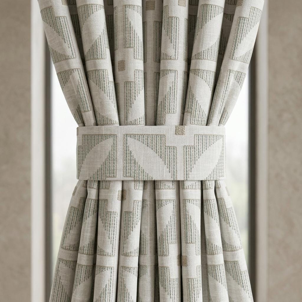 Ivory Pure Linen Curtains, Teal Beige Geometric Embroidered Drapes, Custom Blackout Mid Century Panels — image 1