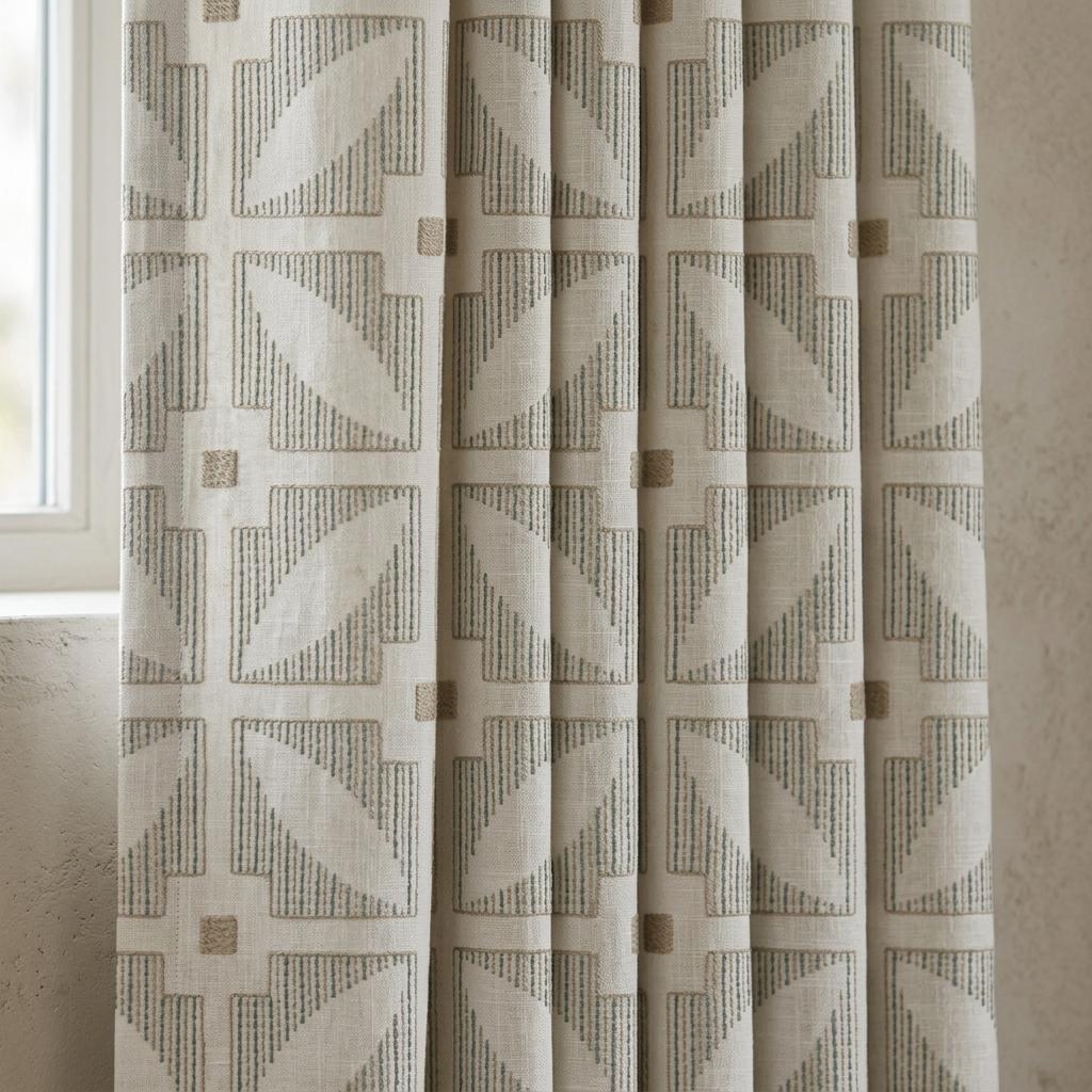 Ivory Pure Linen Curtains, Teal Beige Geometric Embroidered Drapes, Custom Blackout Mid Century Panels — image 9