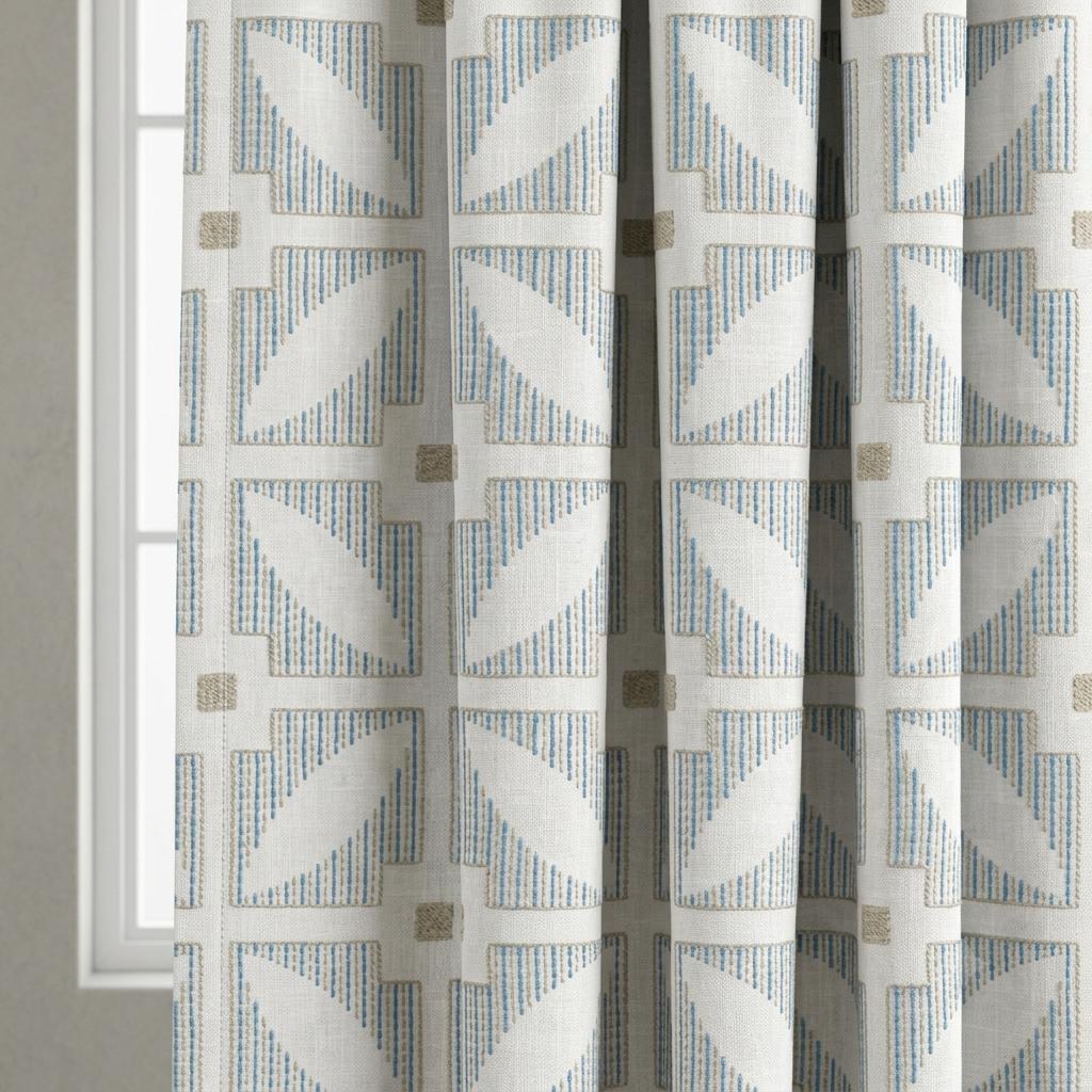 Ivory Pure Linen Curtains, Blue Beige Geometric Embroidered Drapes, Custom Blackout Mid Century Panels — image 6