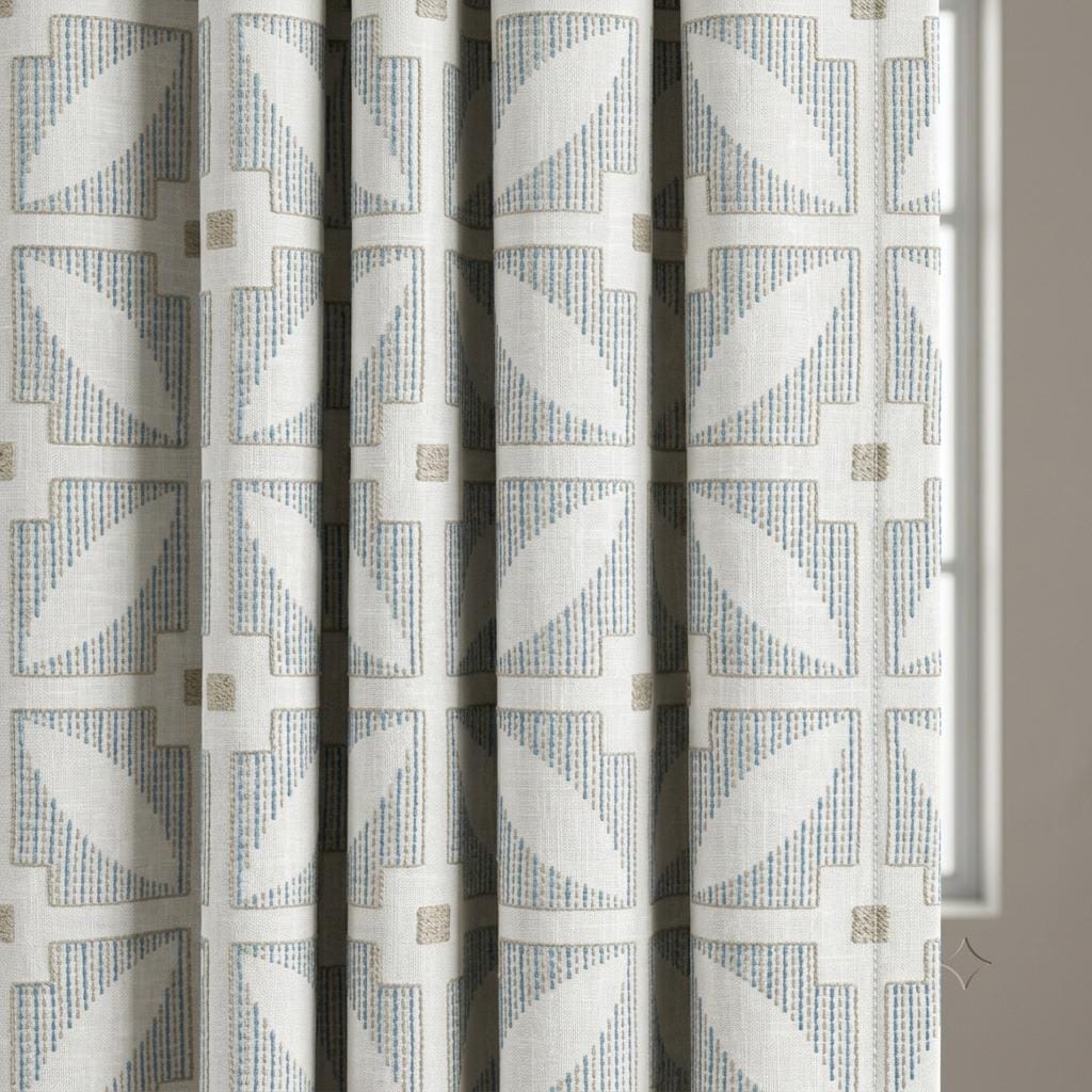 Ivory Pure Linen Curtains, Blue Beige Geometric Embroidered Drapes, Custom Blackout Mid Century Panels — image 1