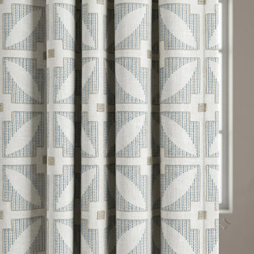Ivory Pure Linen Curtains, Blue Beige Geometric Embroidered Drapes, Custom Blackout Mid Century Panels — image 1