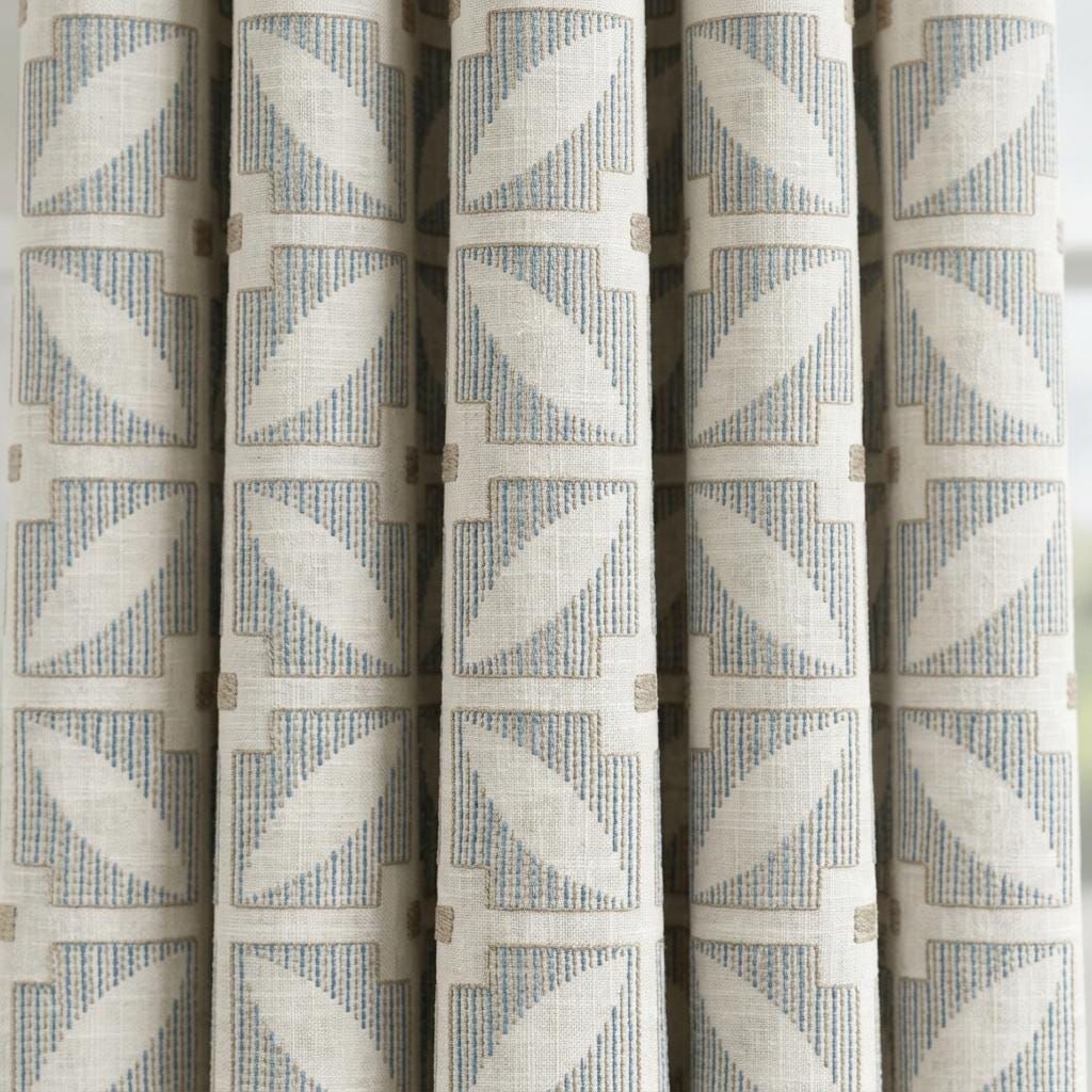 Ivory Pure Linen Curtains, Blue Beige Geometric Embroidered Drapes, Custom Blackout Mid Century Panels — image 8