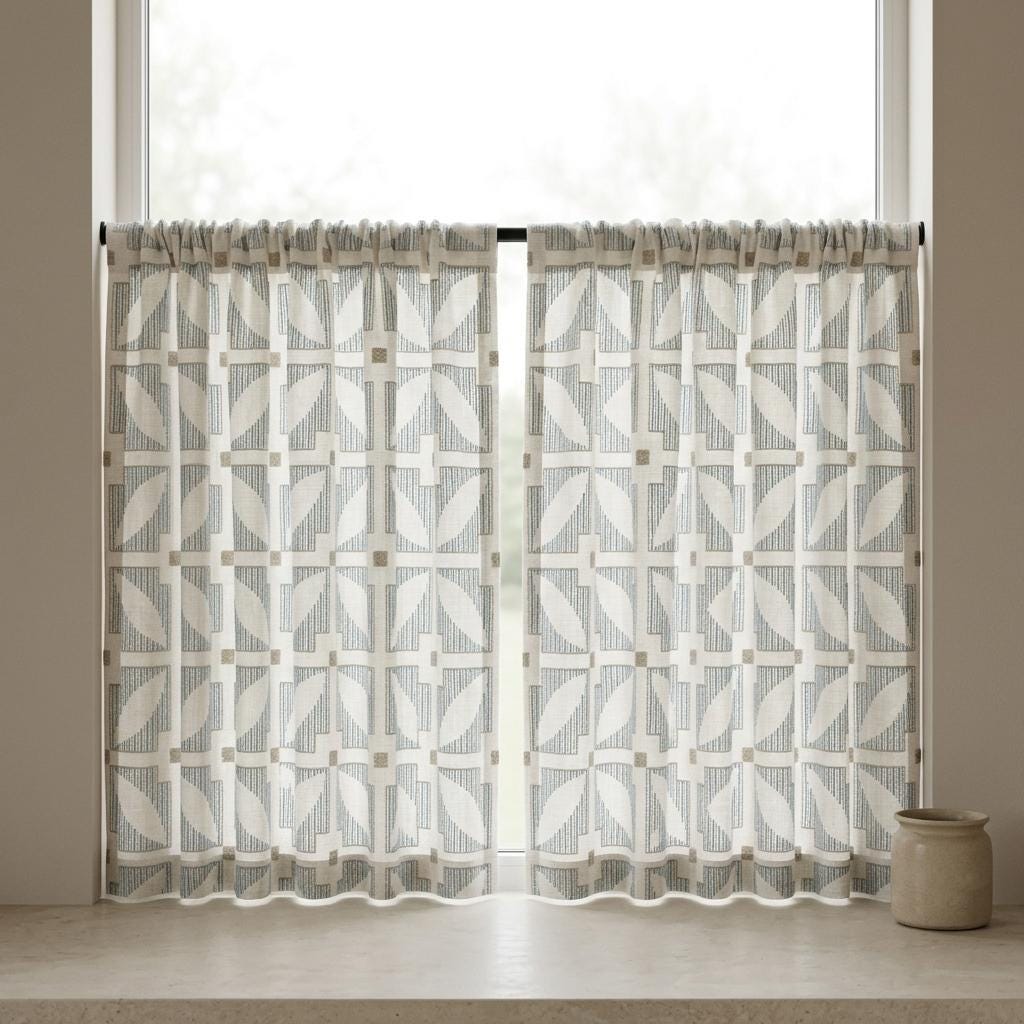Ivory Pure Linen Curtains, Blue Beige Geometric Embroidered Drapes, Custom Blackout Mid Century Panels — image 7