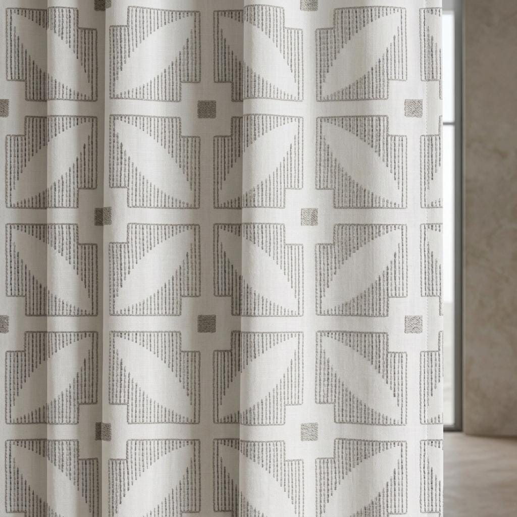 Ivory Pure Linen Curtains, Charcoal Gray Taupe Geometric Embroidered Drapes, Custom Blackout Mid Century Panels — image 4