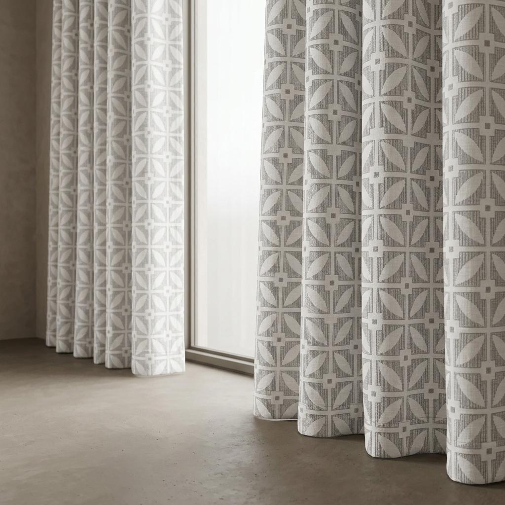 Ivory Pure Linen Curtains, Charcoal Gray Taupe Geometric Embroidered Drapes, Custom Blackout Mid Century Panels — image 7