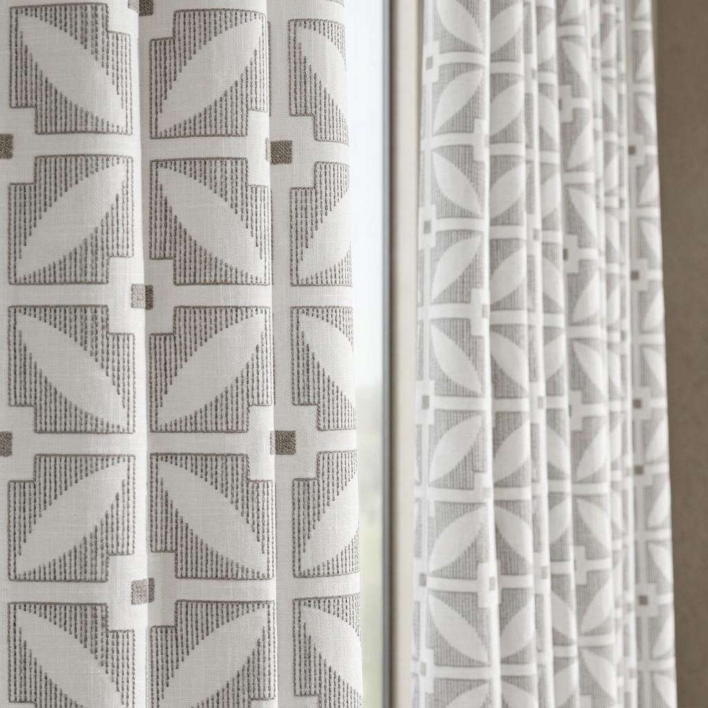 Ivory Pure Linen Curtains, Charcoal Gray Taupe Geometric Embroidered Drapes, Custom Blackout Mid Century Panels — image 6