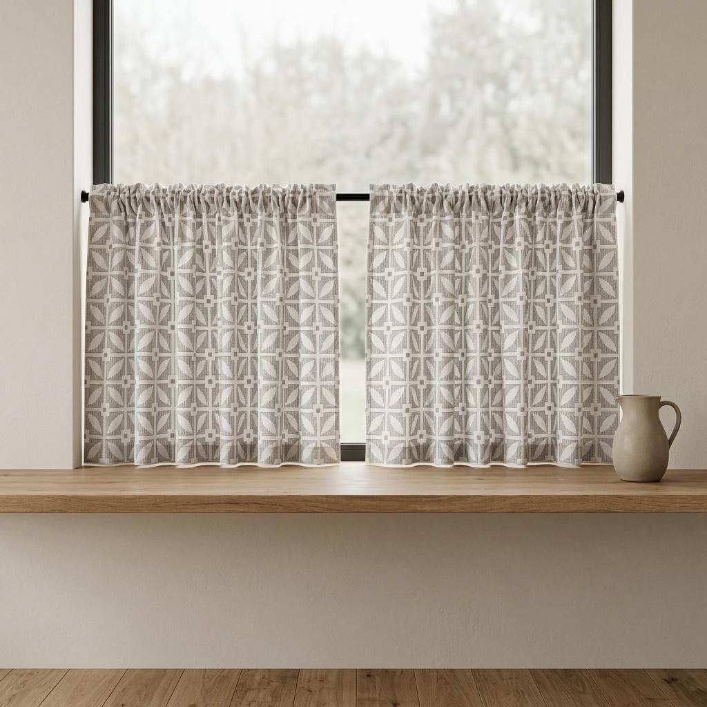 Ivory Pure Linen Curtains, Charcoal Gray Taupe Geometric Embroidered Drapes, Custom Blackout Mid Century Panels — image 8