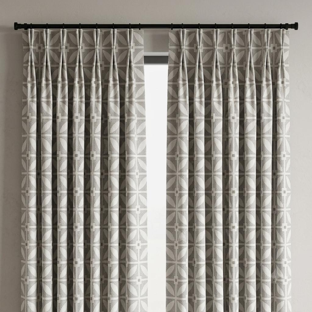Ivory Pure Linen Curtains, Charcoal Gray Taupe Geometric Embroidered Drapes, Custom Blackout Mid Century Panels — image 5