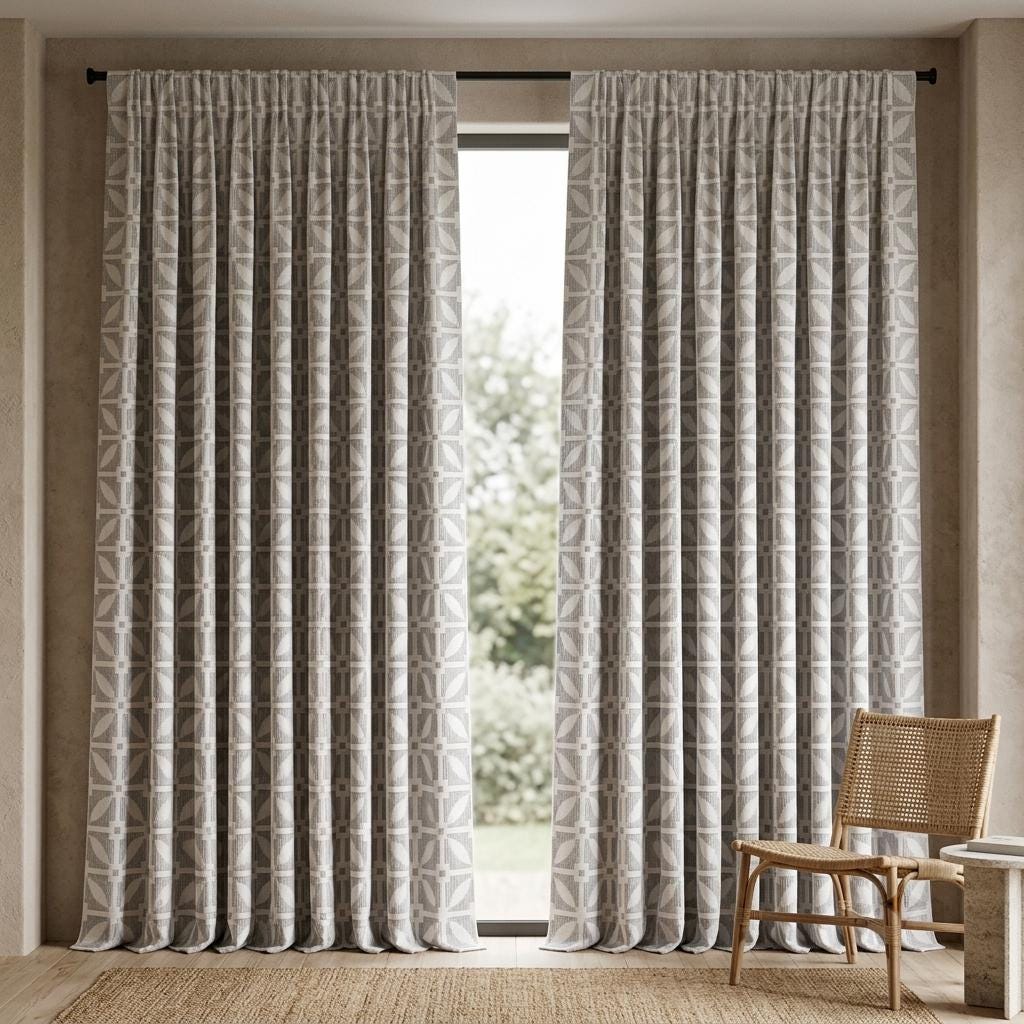 Ivory Pure Linen Curtains, Charcoal Gray Taupe Geometric Embroidered Drapes, Custom Blackout Mid Century Panels — image 9