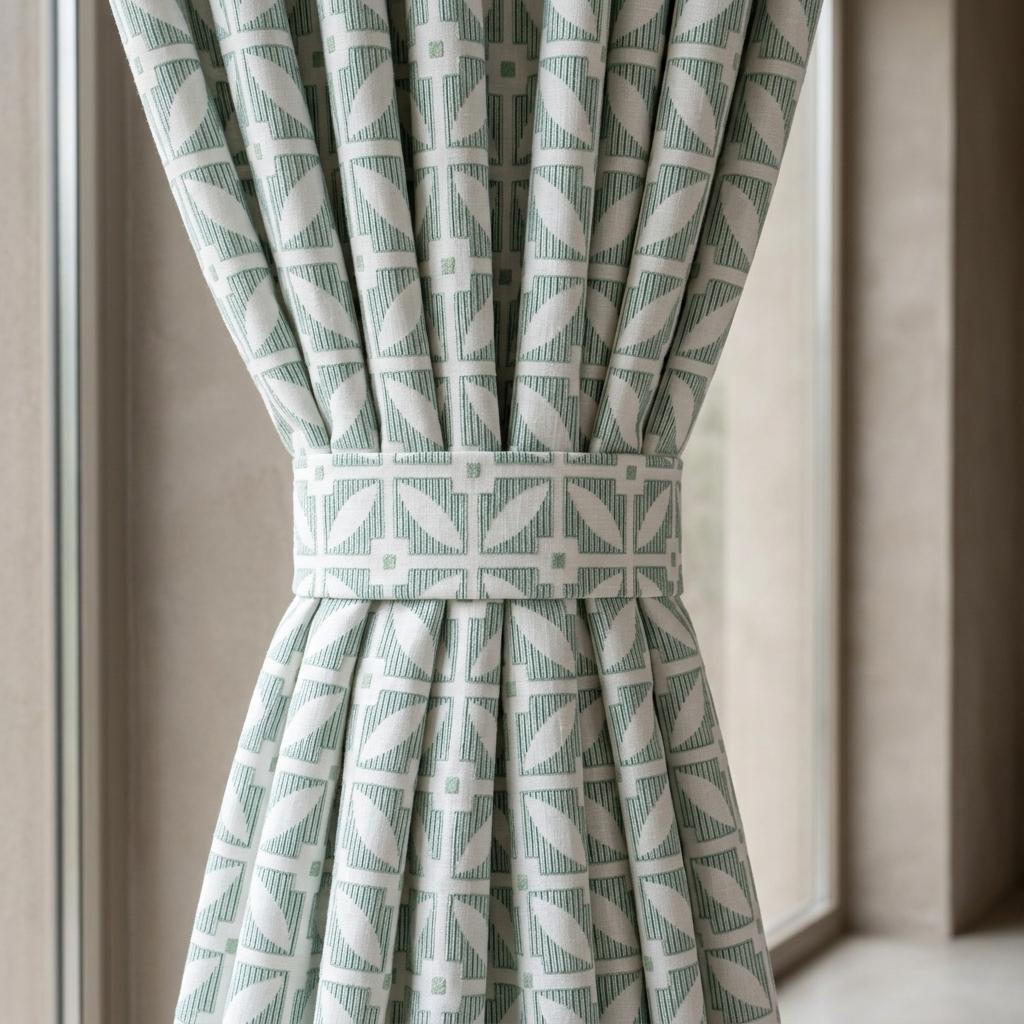 Ivory Linen Curtains, Sage Green Geometric Embroidered Drapes, Custom Blackout Mid Century Panels — image 2
