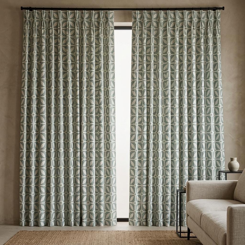 Ivory Linen Curtains, Sage Green Geometric Embroidered Drapes, Custom Blackout Mid Century Panels — image 4