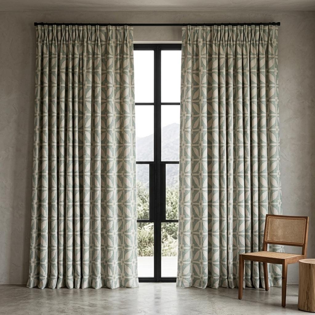 Ivory Linen Curtains, Sage Green Geometric Embroidered Drapes, Custom Blackout Mid Century Panels — image 9