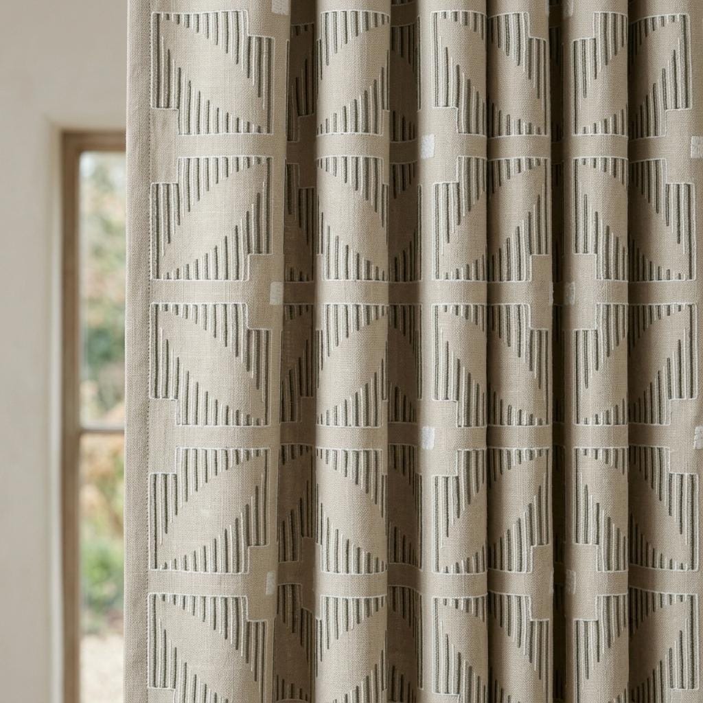 Natural Beige Pure Linen Curtains, Olive Green Ivory Geometric Embroidered Drapes, Custom Blackout Panels — image 1