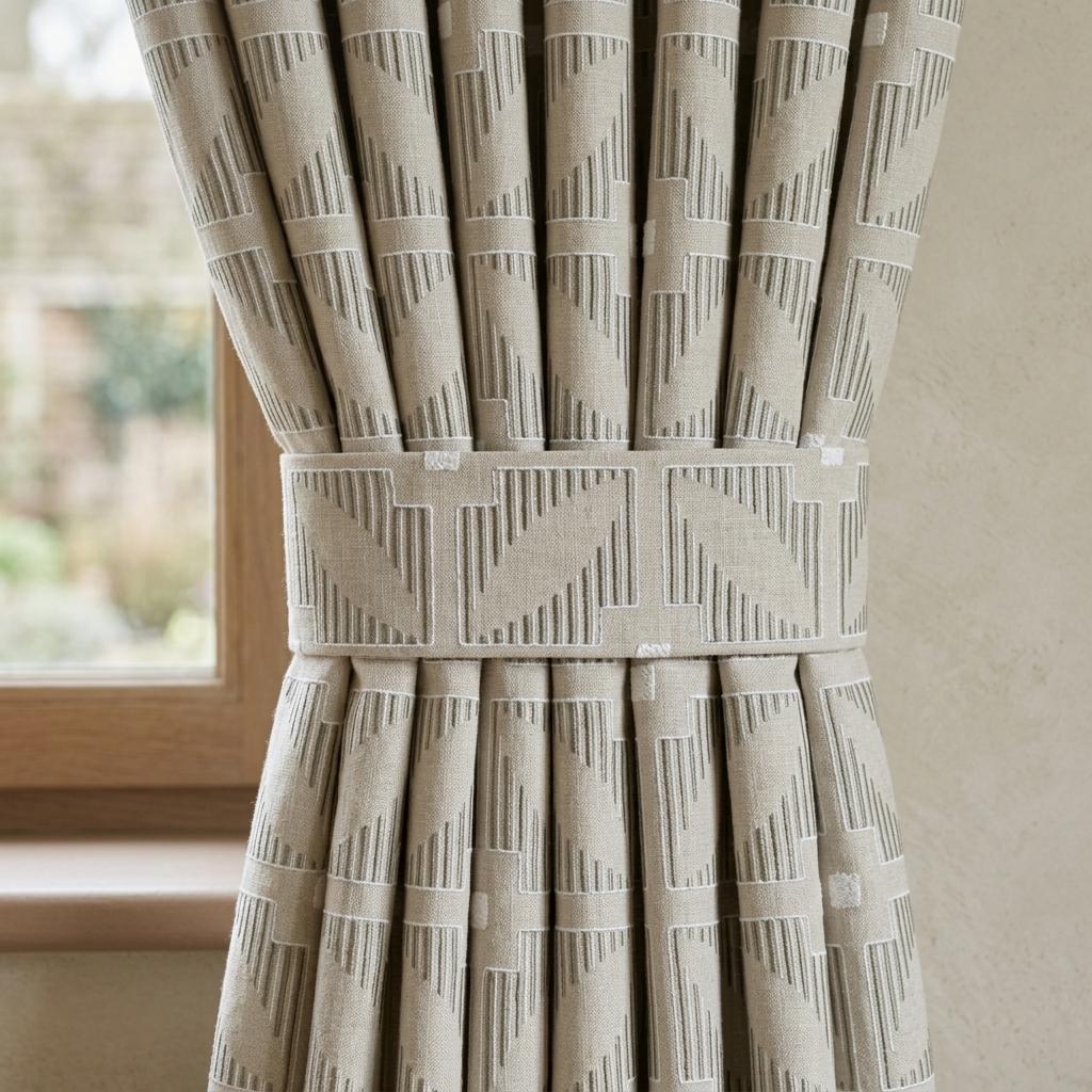 Natural Beige Pure Linen Curtains, Olive Green Ivory Geometric Embroidered Drapes, Custom Blackout Panels — image 1