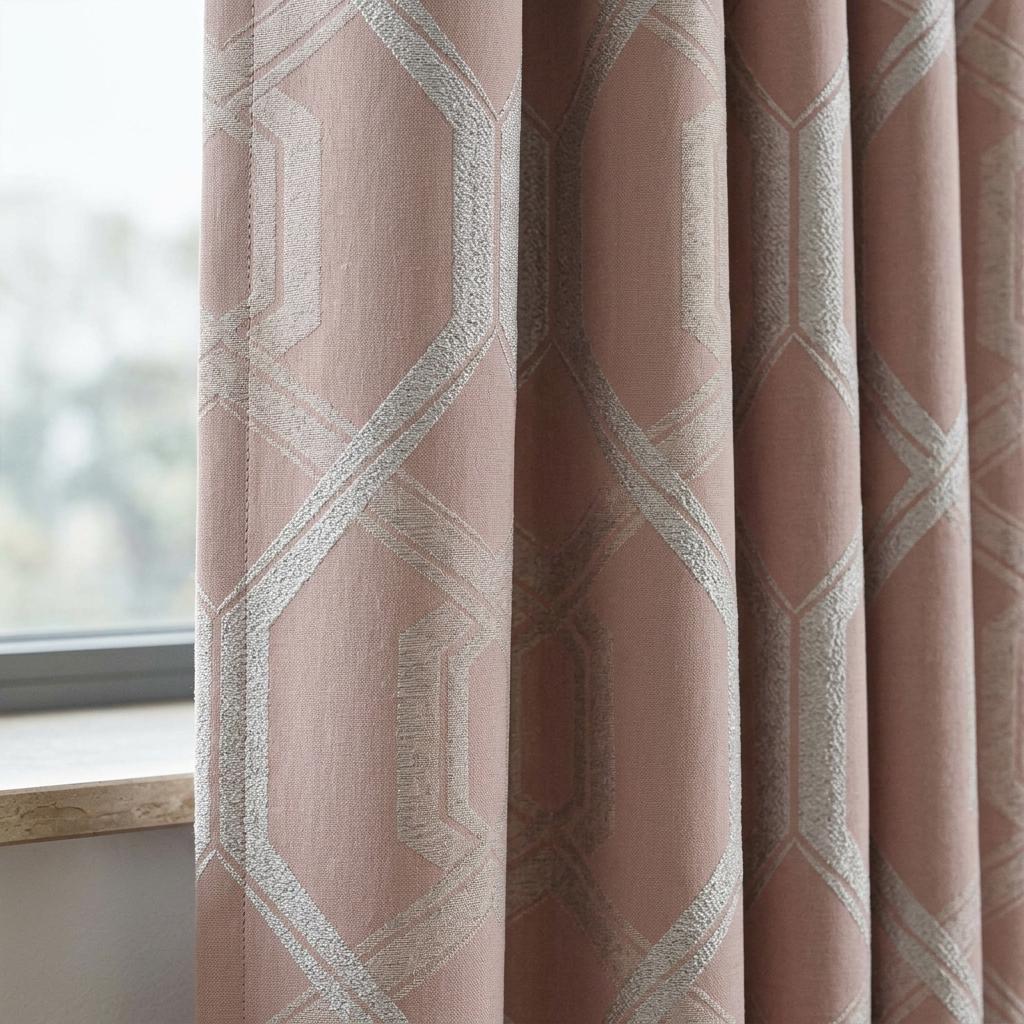 Blush Pink Pure Linen Jacquard Curtains, Ivory Geometric Art Deco Pattern, Custom Blackout Option — image 1