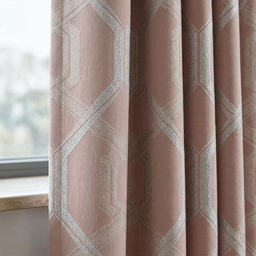 Blush Pink Pure Linen Jacquard Curtains, Ivory Geometric Art Deco Pattern, Custom Blackout Option — image 1