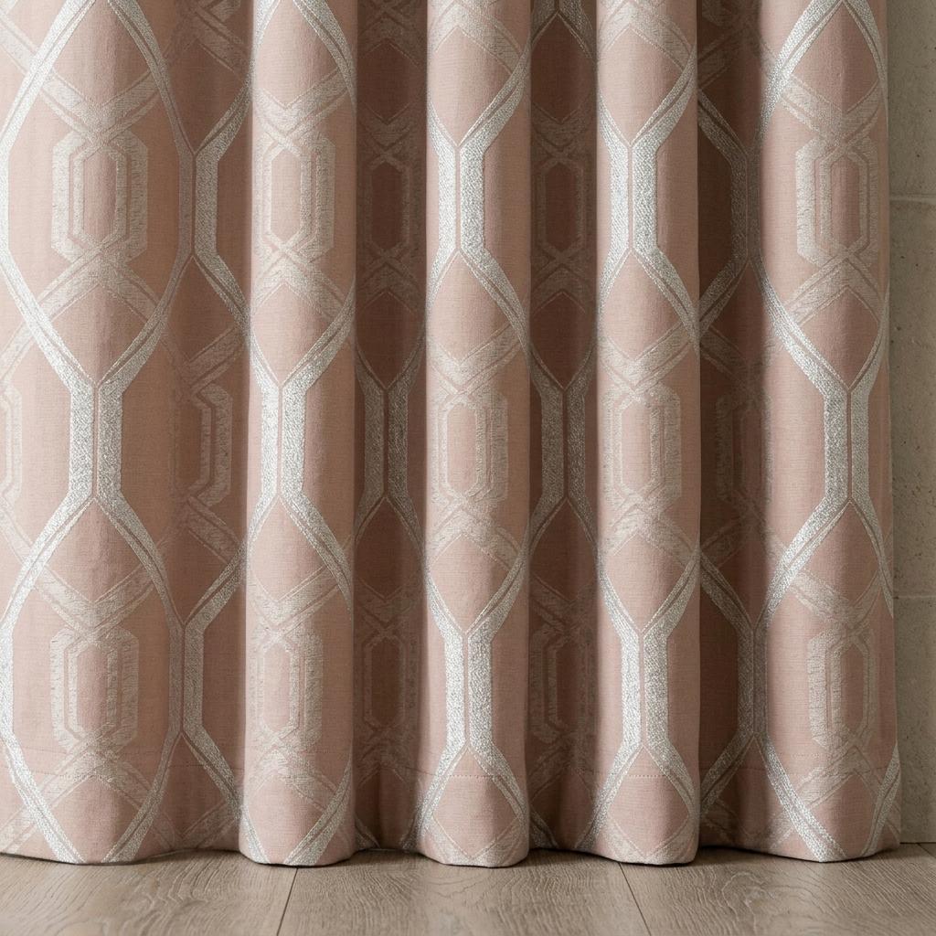 Blush Pink Pure Linen Jacquard Curtains, Ivory Geometric Art Deco Pattern, Custom Blackout Option — image 3