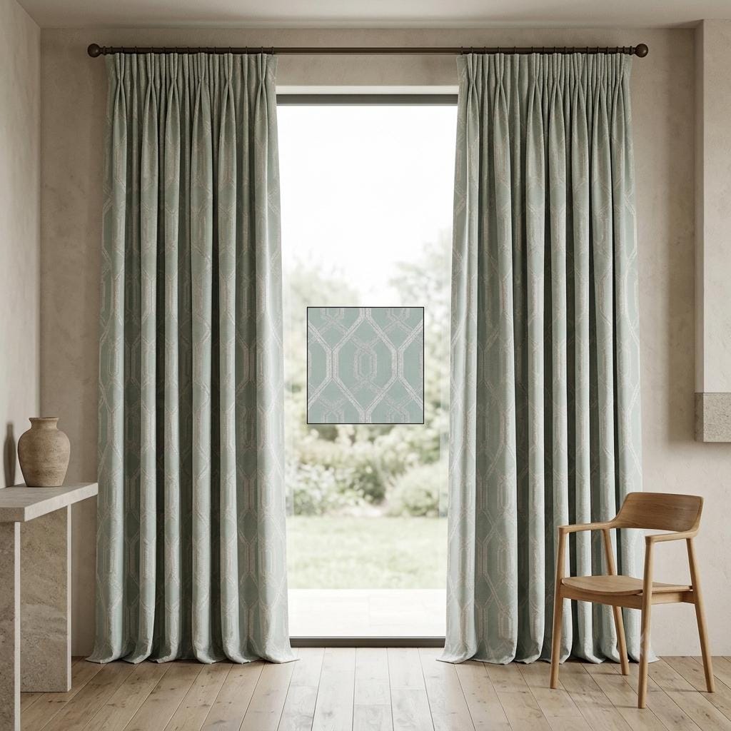 Sage Green Pure Linen Jacquard Curtains, Ivory Art Deco Geometric Drapes, Custom Extra Long Blackout Curtain Panels — image 7