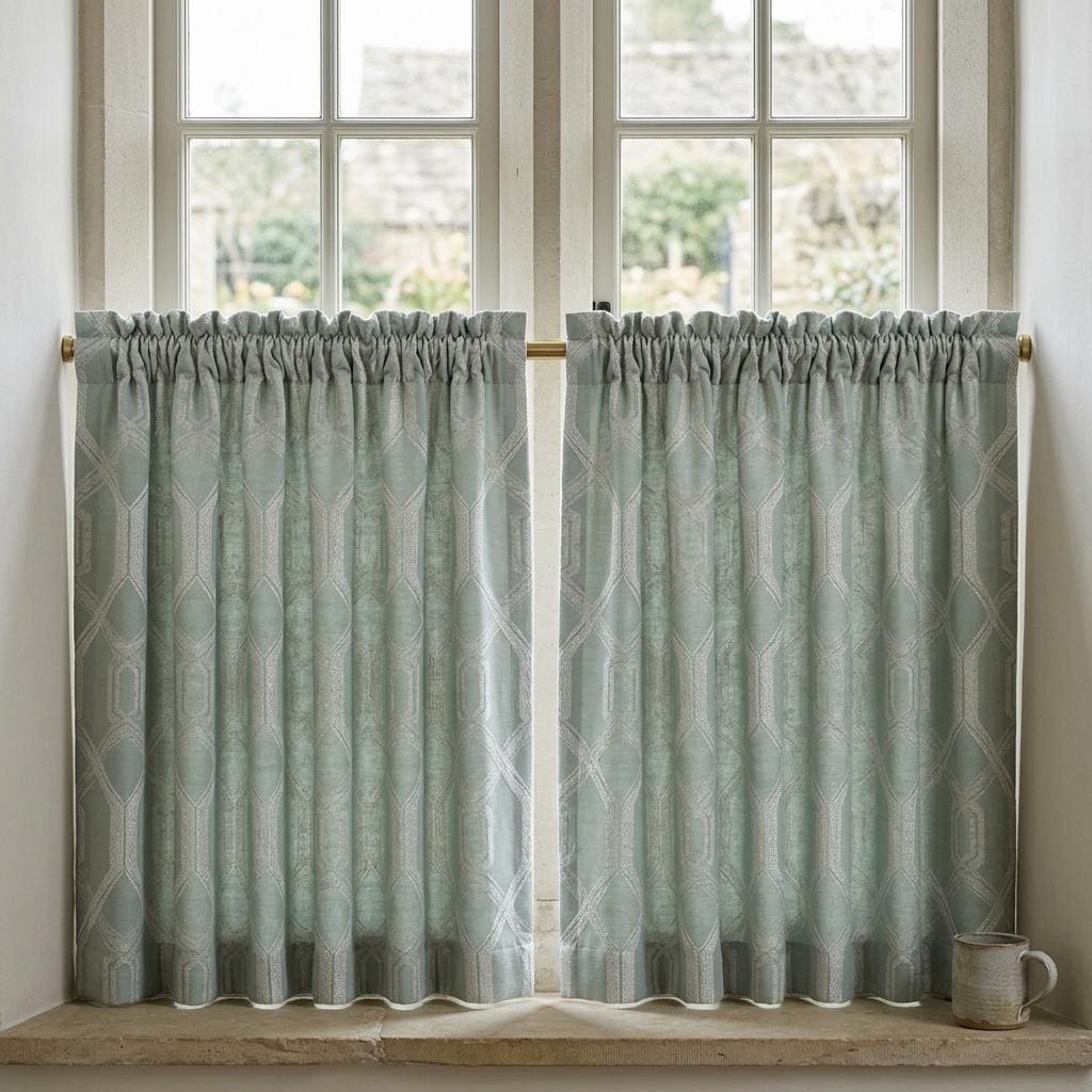 Sage Green Pure Linen Jacquard Curtains, Ivory Art Deco Geometric Drapes, Custom Extra Long Blackout Curtain Panels — image 6