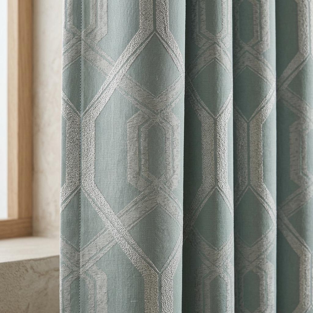 Sage Green Pure Linen Jacquard Curtains, Ivory Art Deco Geometric Drapes, Custom Extra Long Blackout Curtain Panels — image 1