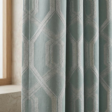 Sage Green Pure Linen Jacquard Curtains, Ivory Art Deco Geometric Drapes, Custom Extra Long Blackout Curtain Panels — image 1