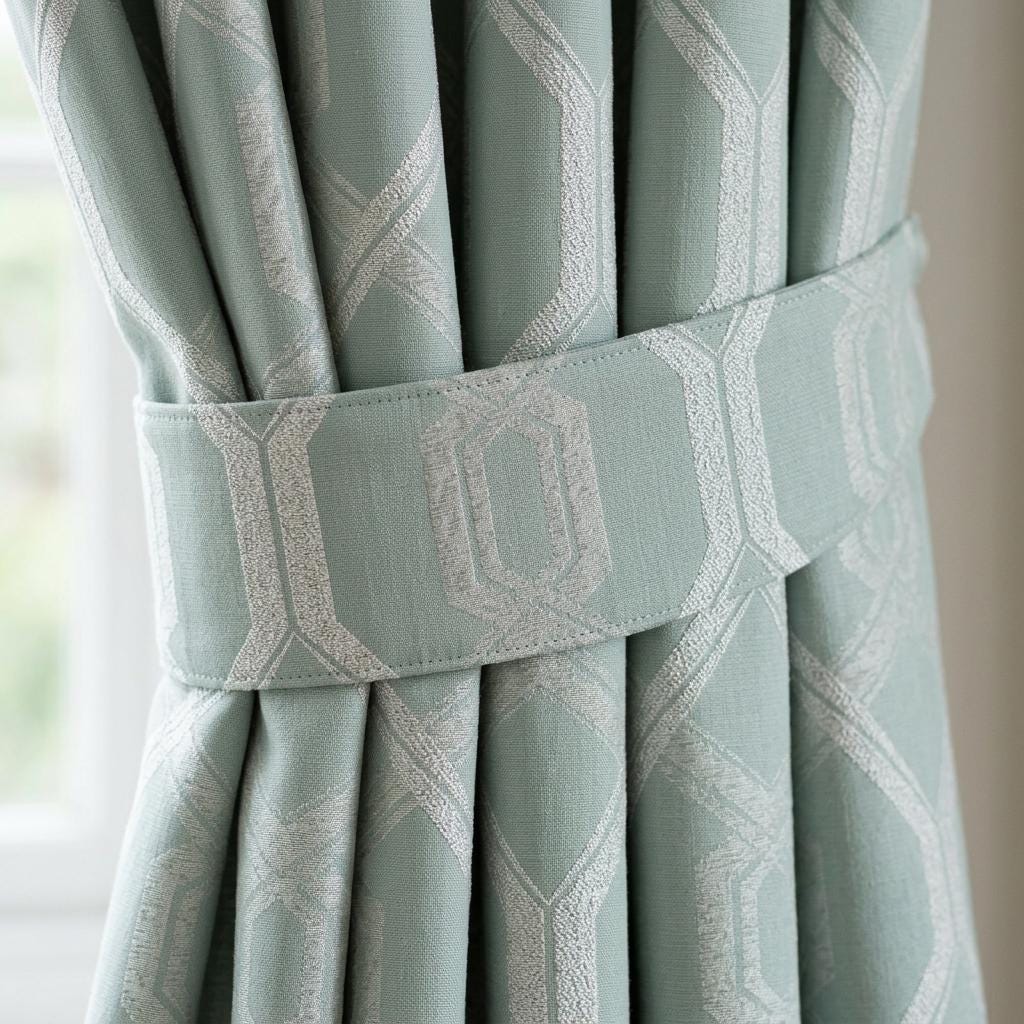 Sage Green Pure Linen Jacquard Curtains, Ivory Art Deco Geometric Drapes, Custom Extra Long Blackout Curtain Panels — image 2